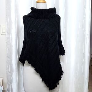 Energie Black Knit Crochet Faux Turtleneck Fringe Poncho